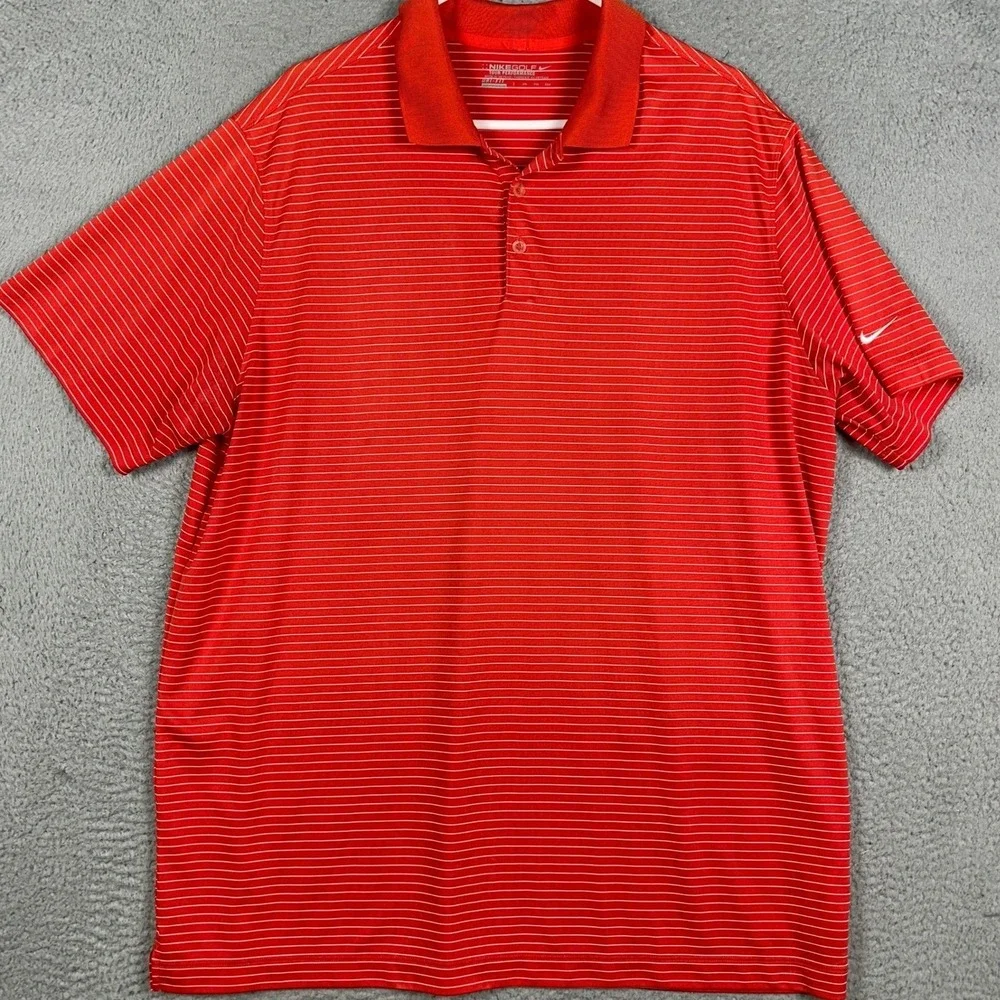 Nike Golf Polo Shirt Mens 2XL Red White Dri-FIT Tour Performance Pinstripe Rugby